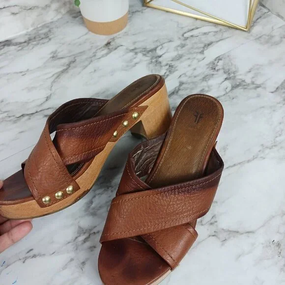 FRYE Womens Fiona Slide Cross Strap Dress Sandals Brown Leather Size 7M - Picture 9 of 14